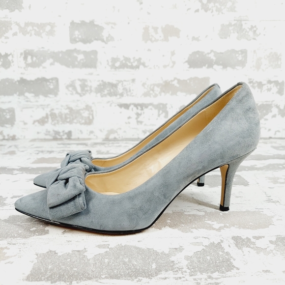 Nine West Shoes - Nine West KIT Blue Leather Bow Pointed Toe Slip On Pumps Stiletto Heels K920